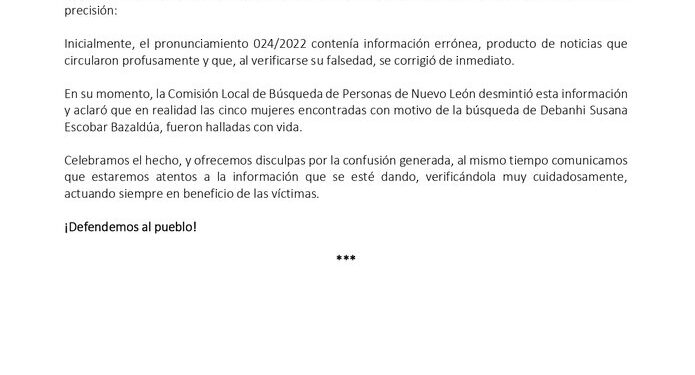 CNDH corrige información sobre mujeres desaparecidas en Nuevo León. 1 FRPBerRXwAAwrc1