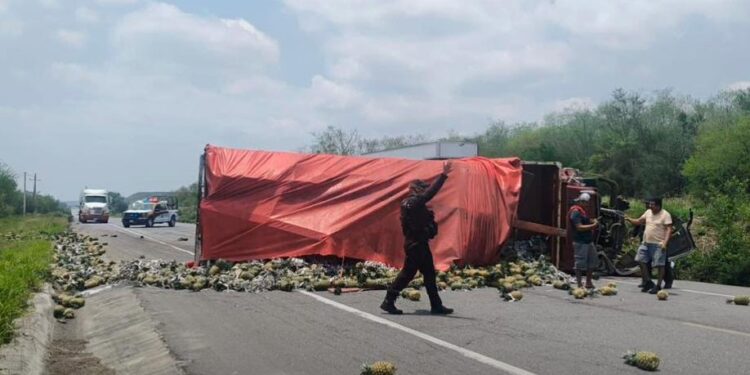 RAPIÑA DE PIÑA; ROBAN CONDUCTORES CARGAMENTO DE FRUTA TRAS ACCIDENTE DE TRÁILER EN CARRETERA A VICTORIA.