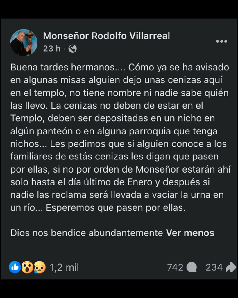 ABANDONAN URNA CON CENIZAS EN IGLESIA DE MONTERREY; ADVIERTE MONSEÑOR QUE SI NADIE LAS RECLAMA LAS ECHARÁN 'AL RÍO'. 2 Veritas 2186.1