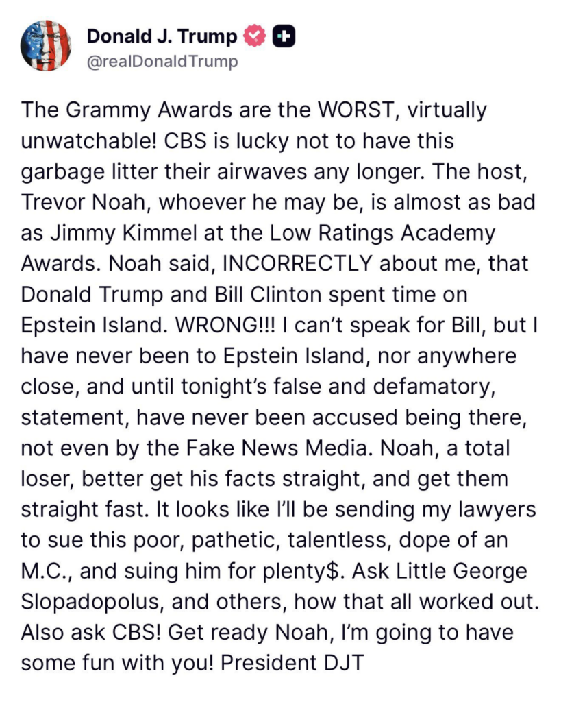 TRUENA TRUMP CONTRA GRAMMYS; AMENAZA PRESIDENTE DE EU A CONDUCTOR 2 Veritas 2210.1