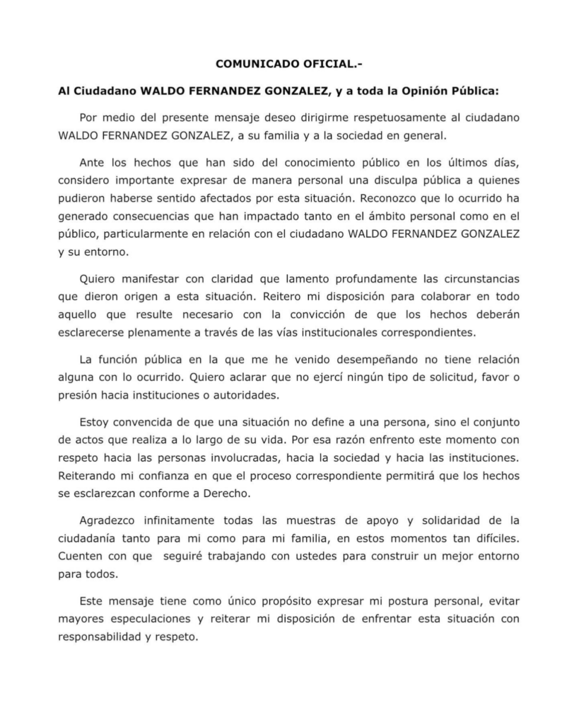 OFRECE KARINA BARRÓN DISCULPA PÚBLICA A WALDO FERNÁNDEZ; PUBLICAN COMUNICADO EN SUS REDES DURANTE RECESO PARA DEFINIR SI ES VINCULADA A PROCESO 2 veritas notas 2024.pdf