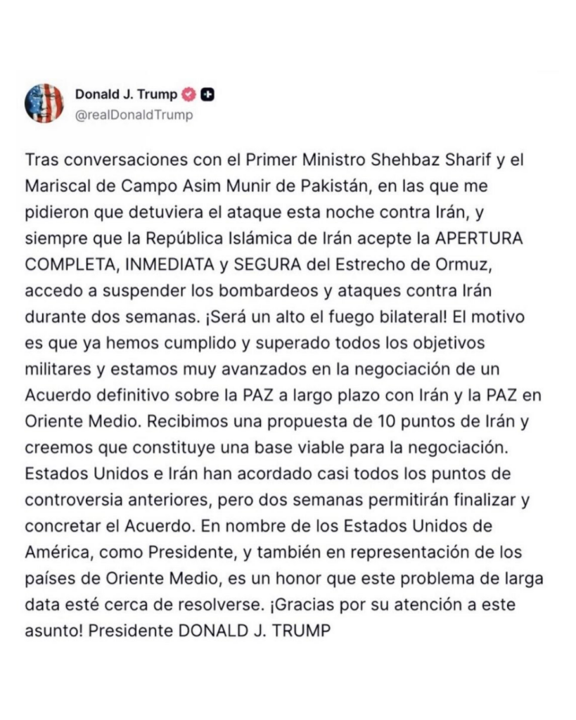 ACEPTA TRUMP SUSPENDER BOMBARDEOS Y ATAQUES CONTRA IRÁN POR DOS SEMANAS; PLANTEA PAKISTÁN ALTO AL FUEGO PARA BUSCAR ACUERDO 2 Veritas 2344.1