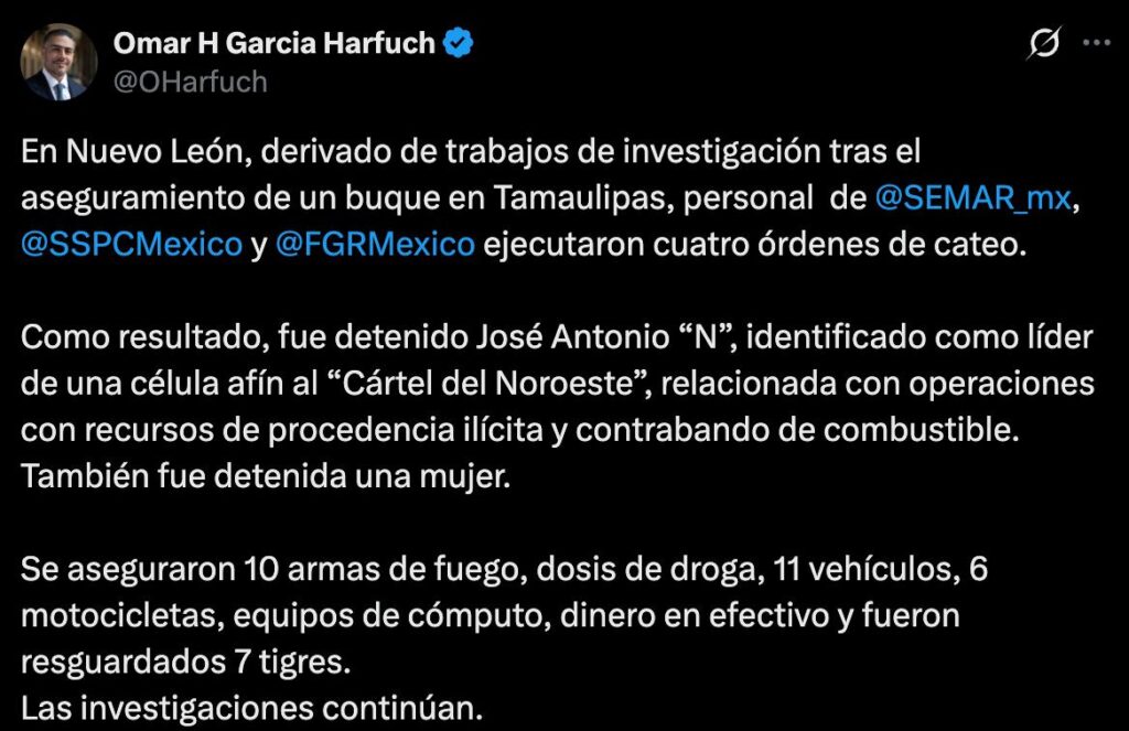 REVELA GARCÍA HARFUCH DETENCIÓN EN NL DE OPERADOR DEL CDN LIGADO A HUACHICOL; DETIENEN TAMBIÉN A UNA MUJER Y ASEGURAN ARMAS, DROGAS, VEHÍCULOS DE LUJO Y ANIMALES EXÓTICOS 2 revela García Harfuch Detencion de operador del CDN