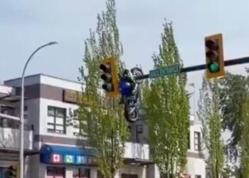 QUEDA MOTO COLGADA DE UN SEMÁFORO TRAS CHOQUE; CAPTAN CÁMARAS INSÓLITO ACCIDENTE VIAL