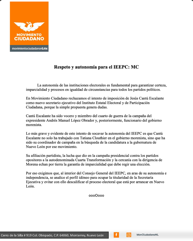 RECHAZA MC LLEGADA DE JESÚS CANTÚ AL IEEPC; CUESTIONA CERCANÍA CON TATIANA, AMLO Y LA 4T 2 Rechaza MC llegada de Jesús Cantú al IEEPC