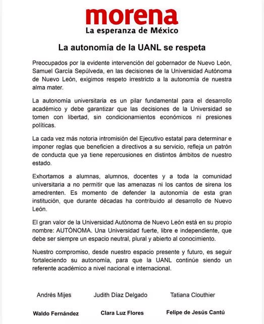 ACUSAN MORENISTAS INJERENCIA DE SAMUEL EN UANL; EXIGEN RESPETAR AUTONOMÍA Y FRENAR 'IMPOSICIONES' 2 photo 2026 09 04 08 44 04