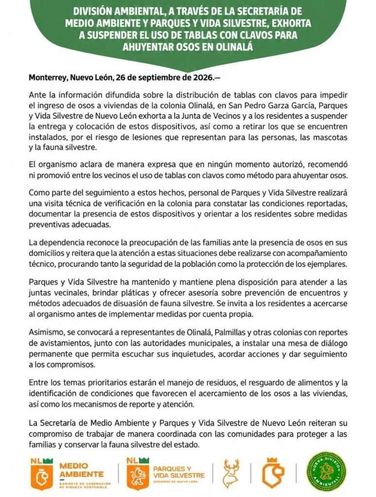 PIDE ESTADO RETIRAR TABLAS CON CLAVOS USADAS PARA AHUYENTAR OSOS EN OLINALÁ; ADVIERTE PVSNL RIESGOS PARA FAUNA Y PERSONAS 2 photo 2026 09 27 10 33 31
